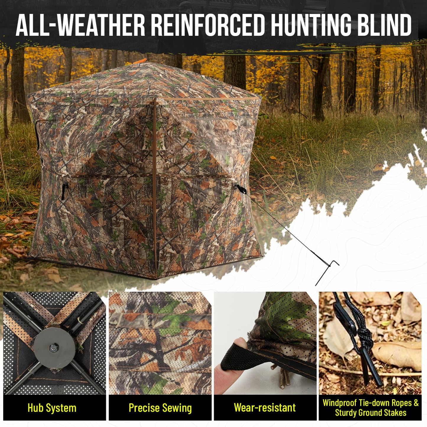 HUNTSEN 360 Degree See Through Hunting Blind with Double Open Door - Lightweight Soft Material Portable Pop Up Ground Blind - 2-3 Person Concealed Camouflage Tent with Carrying Bag for Deer & Turkey