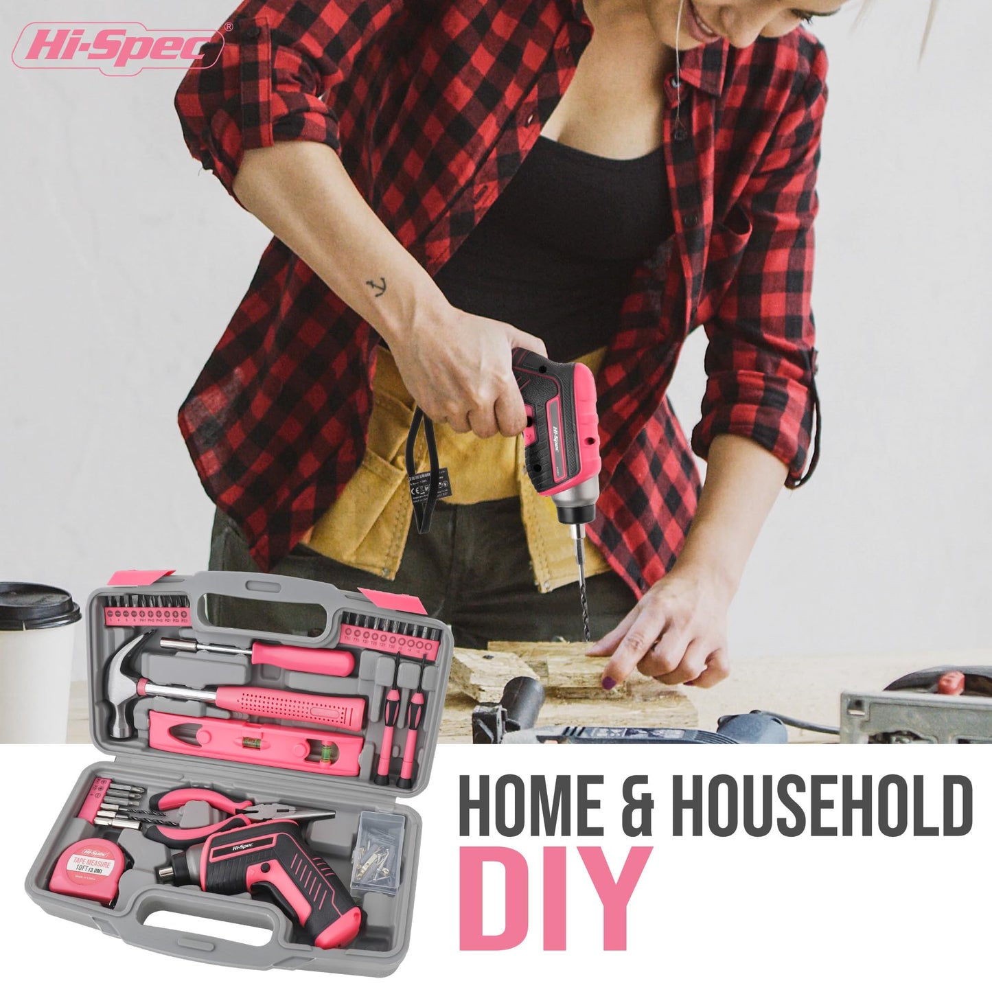 Hi-Spec 35-Piece Tool Kit with 3.6V USB Small Electric Screwdriver Set, Pink Drill Set for Women, Tool Kit for Home