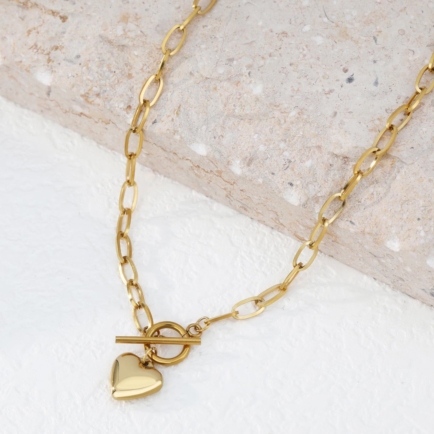 BONJOULRY Chunky Gold Necklace for Women, 18K Waterproof Heart Necklace Statement Necklace Gold Charm Necklace Chunky Jewelry Paperclip Chain Choker Gift for Women (OT Chain Heart)