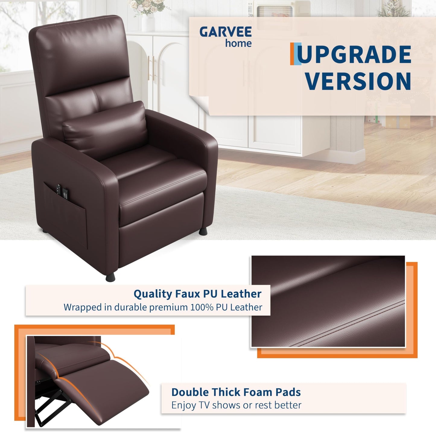 Electric Power Recliner Chair with Heat & Massage, Tall Back PU Leather Sofa, Ergonomic Padded Seat, Lumbar Support, 2 Side Pockets, USB, 370 lbs—Heated Recliner for Living Room