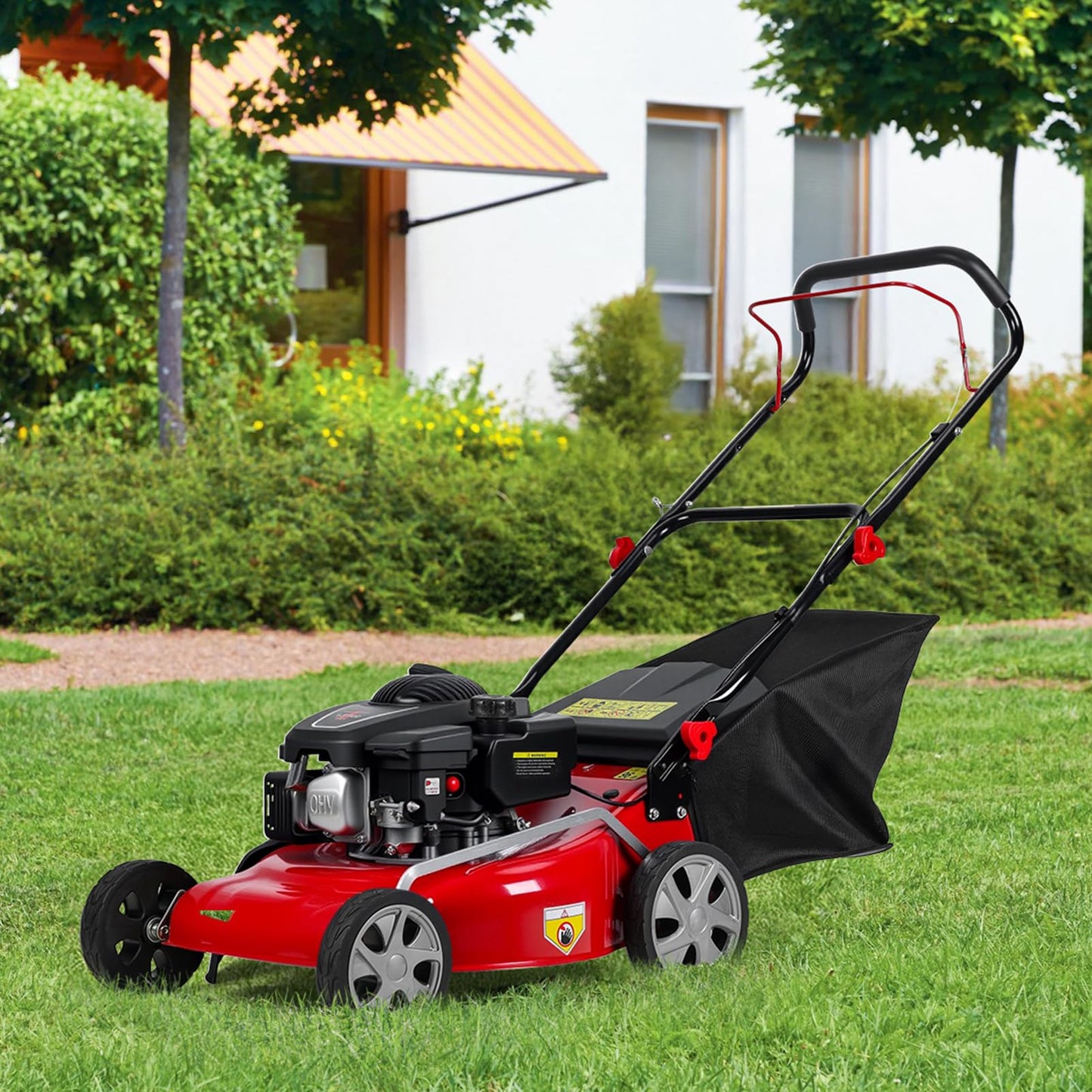 Lawn Mower Gas Powered, Gas Mower with 50l Grass Bag Big Wheels, 131cc Gas Engine 3 in 1 Mulching, Bagging & Side Discharge Self Propelled Walk-Behind Push Mower for Hills 2850RPM (Red)