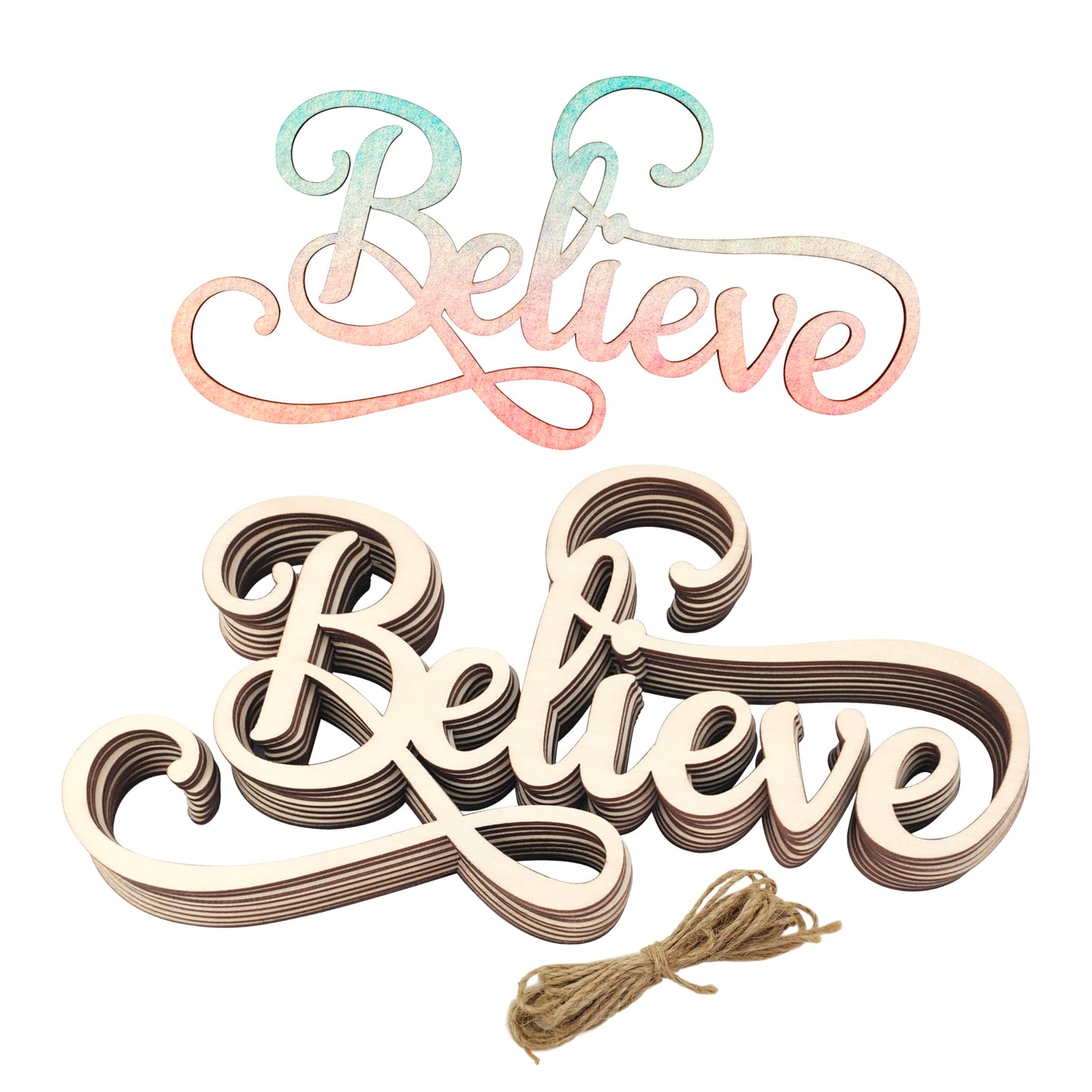 8 Pack 8 Inch Wood Believe Signs Cutouts Wood Believe Word Letters Wooden Believe Word Hanging Ornaments DIY Believe Word Craft for Home Party Decoration