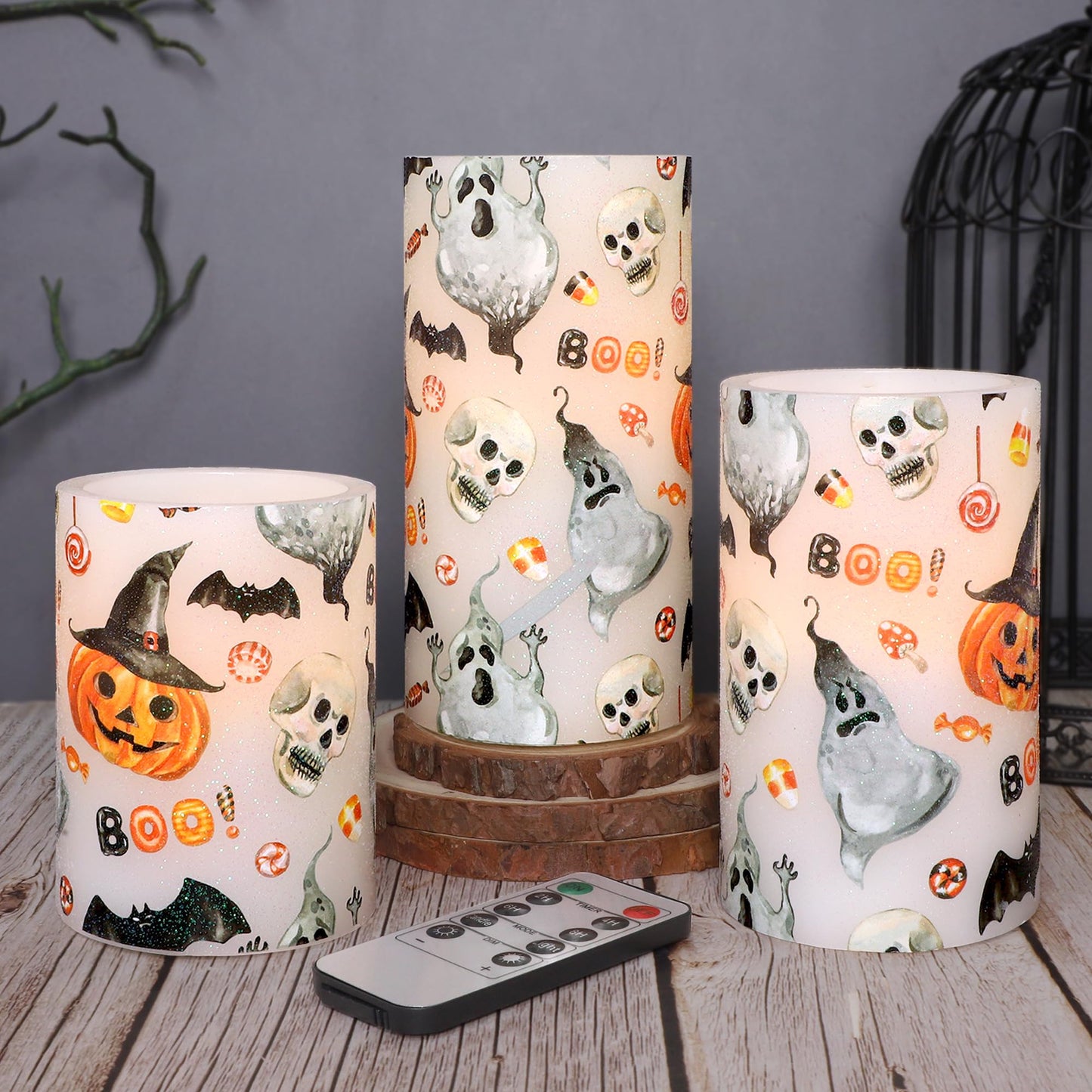 Halloween Ghost Flameless Candles with Remote Timer Cute Cartoon Pumpkin Skull Bat Battery Operated Real Wax Flickering LED Pillar Candle Horror Spooky Decoration for Halloween Home Party House Gifts
