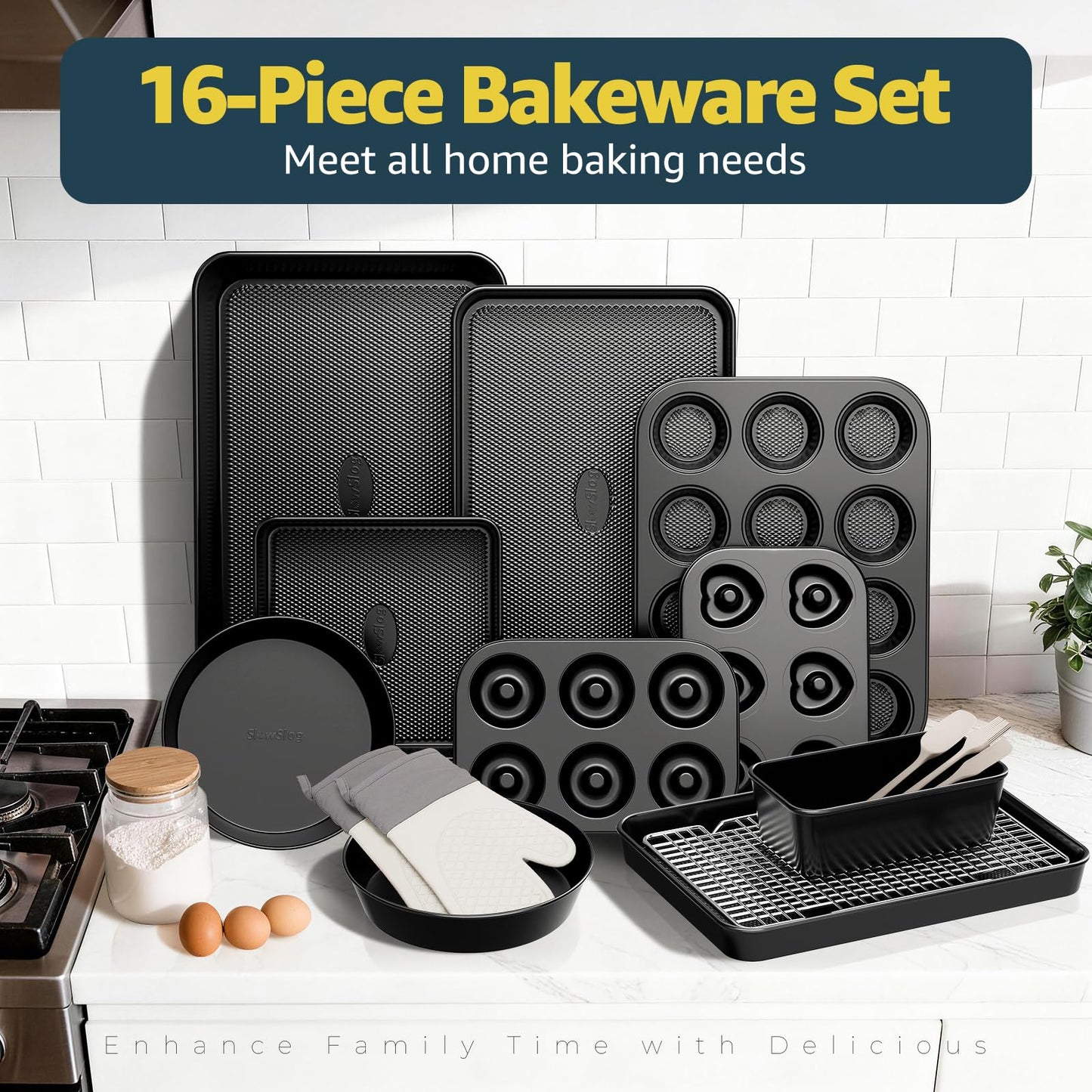 16-Piece Nonstick Bakeware Set with Oven Mitts, Donut Pan, and Heart Pan, Stackable Carbon Steel Baking Pans Set with Kitchen Utensils and Rack, Ceramic Coating, Black