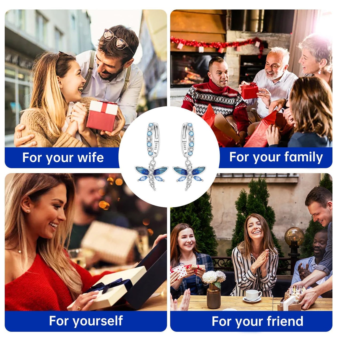 vireau 925 Sterling Silver Drop Earrings Dragonfly Flower Moon Star Dangle Earrings Hypoallergenic Sterling Silver Earrings Jewelry for Women (Blue Dragonfly)