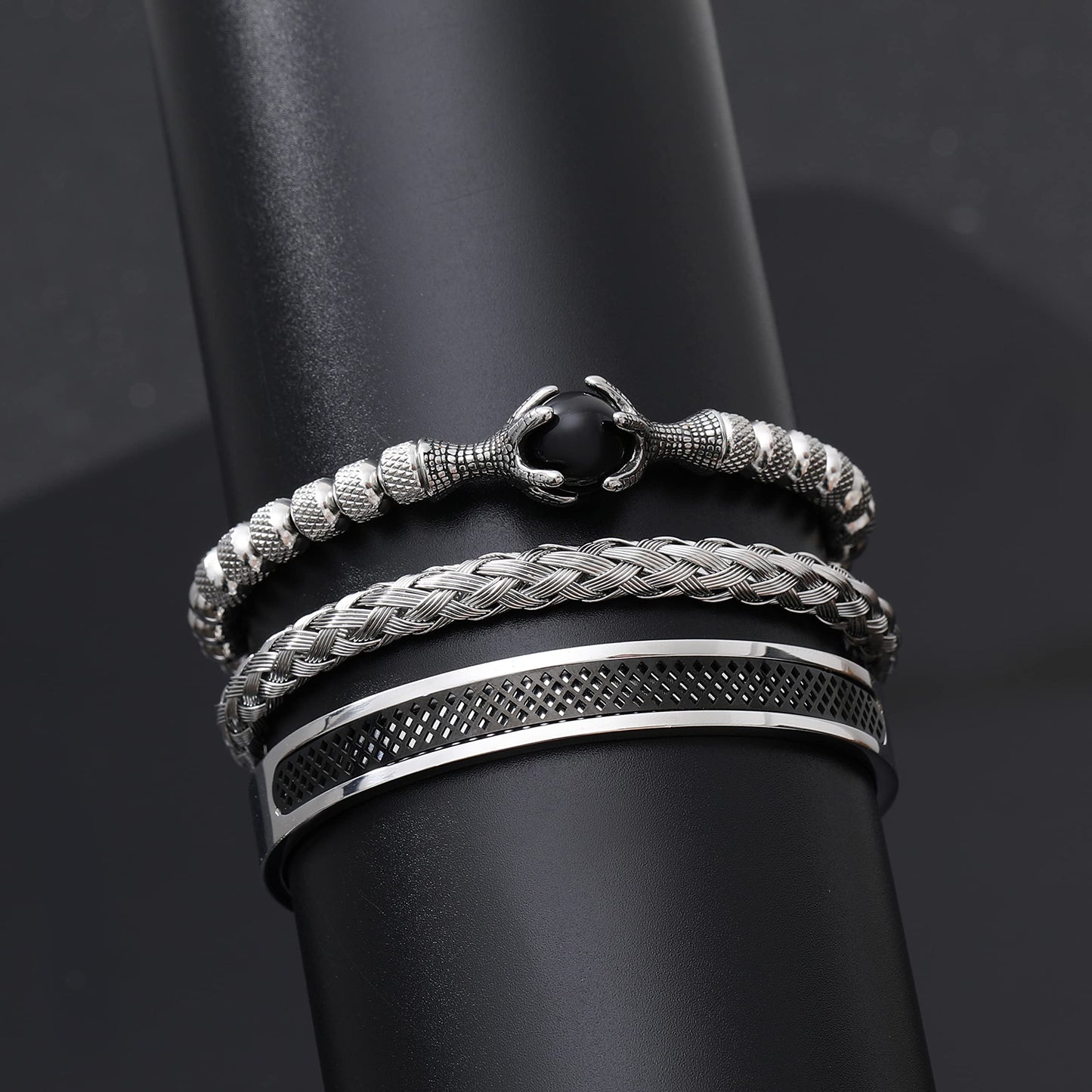 WFYOU 3PCS Stainless Steel Bracelets for Men Gold Roman Numeral Bangle Bracelet Twisted Cable Bracelet Adjustable Cuff Bracelet Mens Luxury Jewelry Bracelets Gifts(L:Black)