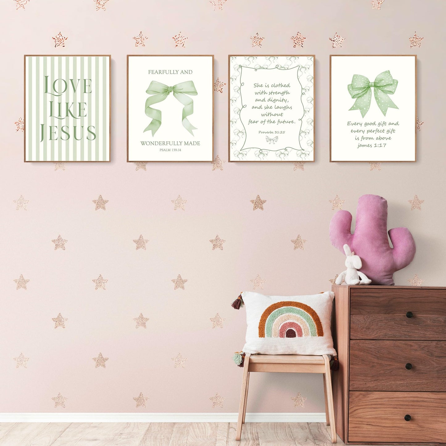 LARTSFRO Coquette Sage Green Bow Jesus Wall Art Decor Posters, Green Bow Christian Room Bedroom Bathroom Wall Art Decor Aesthetic for Teen Girls Gifts, Inspirational Bible Verses Bow Wall Decor, 8x10 Inch Set of 4 Bow Pictures(UNFRAMED)