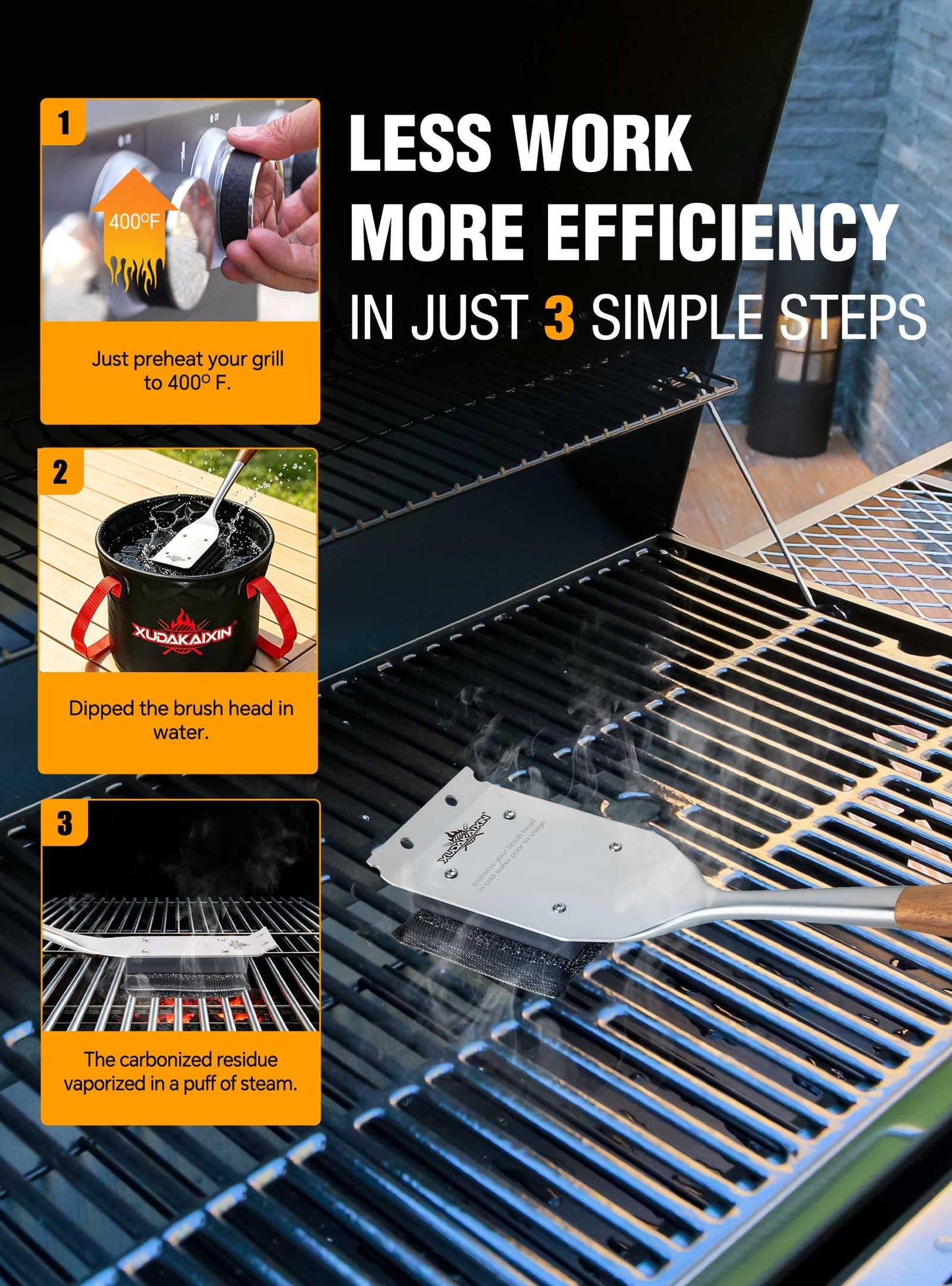 XUDKAKAIXIN Grill Brush Bristle Free,with 1 Replacement Head,Unique Steel Fibers Pad [Safe & Efficient] Perfect for Cast Iron/Stainless-Steel Grates-,Grill Cleaner for Outdoor Gril,Gifts for Men/Dad