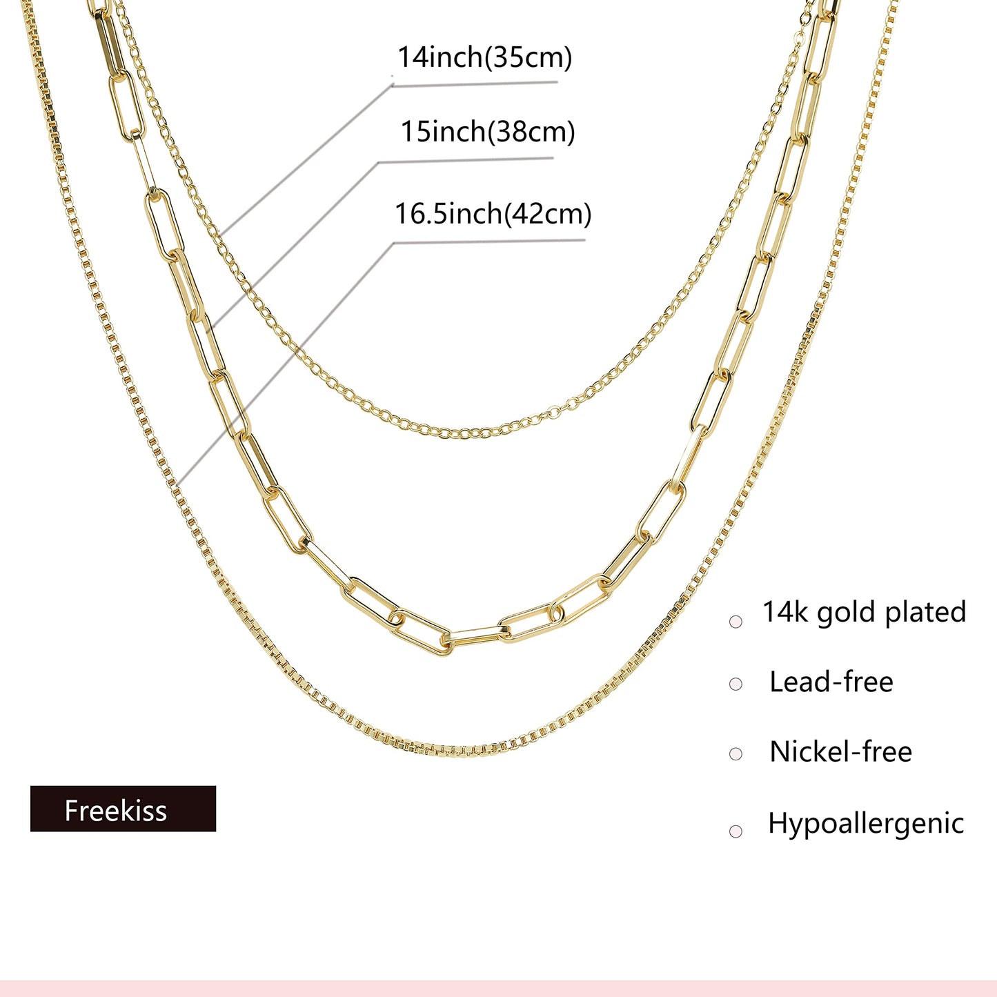 Freekiss Gold Layered Necklaces for Women,Gold Paperclip Link Thin 14k Gold Box Chain Necklace,Layering Necklaces Gold Jewelry Gift for Women