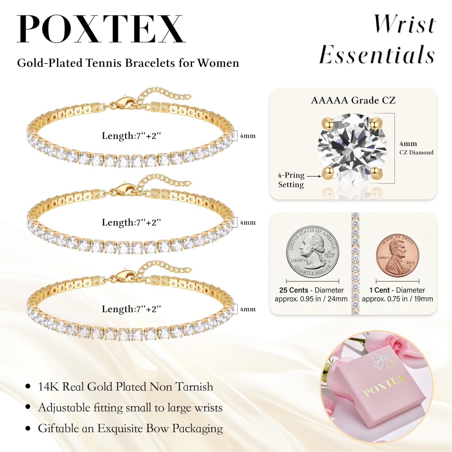 Chunky 4mm Gold Tennis Bracelet Set for Women, 14K Gold Plated Triple Stackable Large Zirconia Bracelets, Bold Statement Jewelry, 3-Piece Heavy-Shine Link Set, Y2K Fashion Accessory