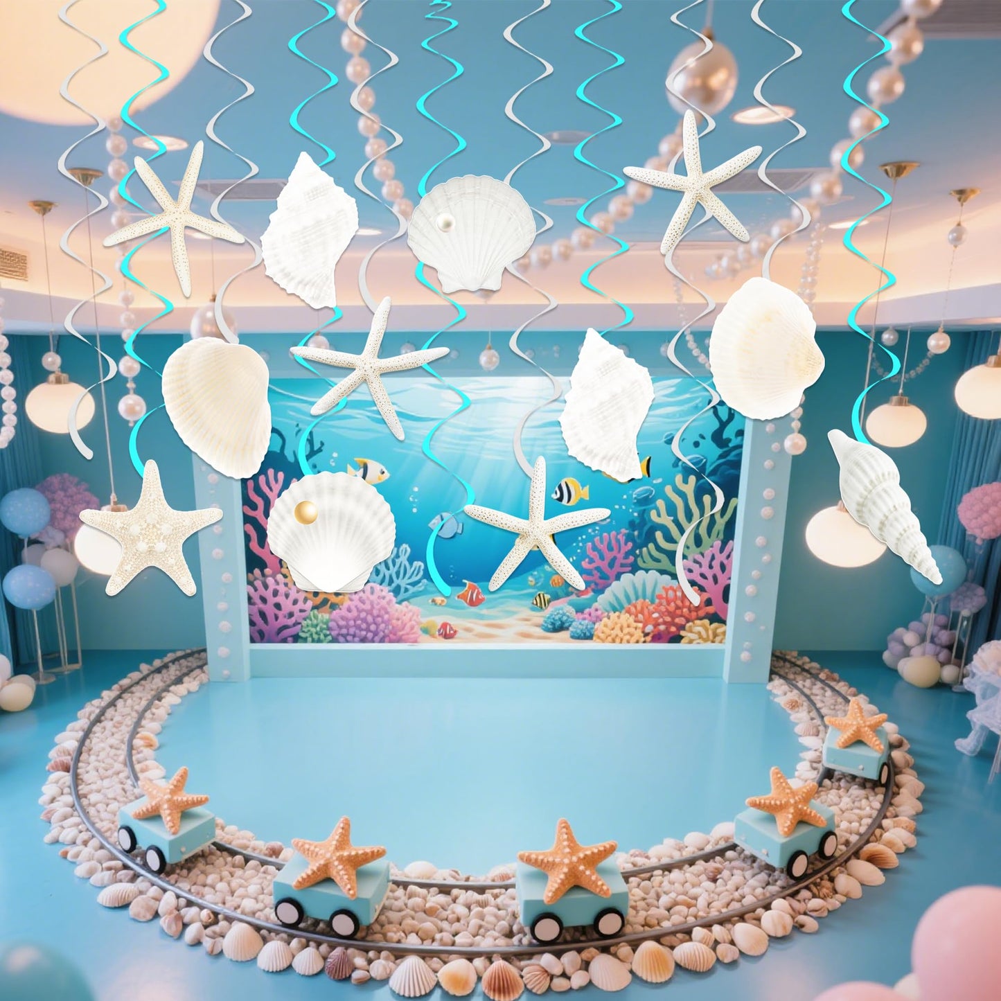 Seashell Hanging Swirls 21Pcs Coastal Beach Birthday Party Decoration Starfish Seashell Ceiling Swirls Decor Ocean Seashell Conch Cutout Hanging Streamers for Nautical Wedding Party Supplies