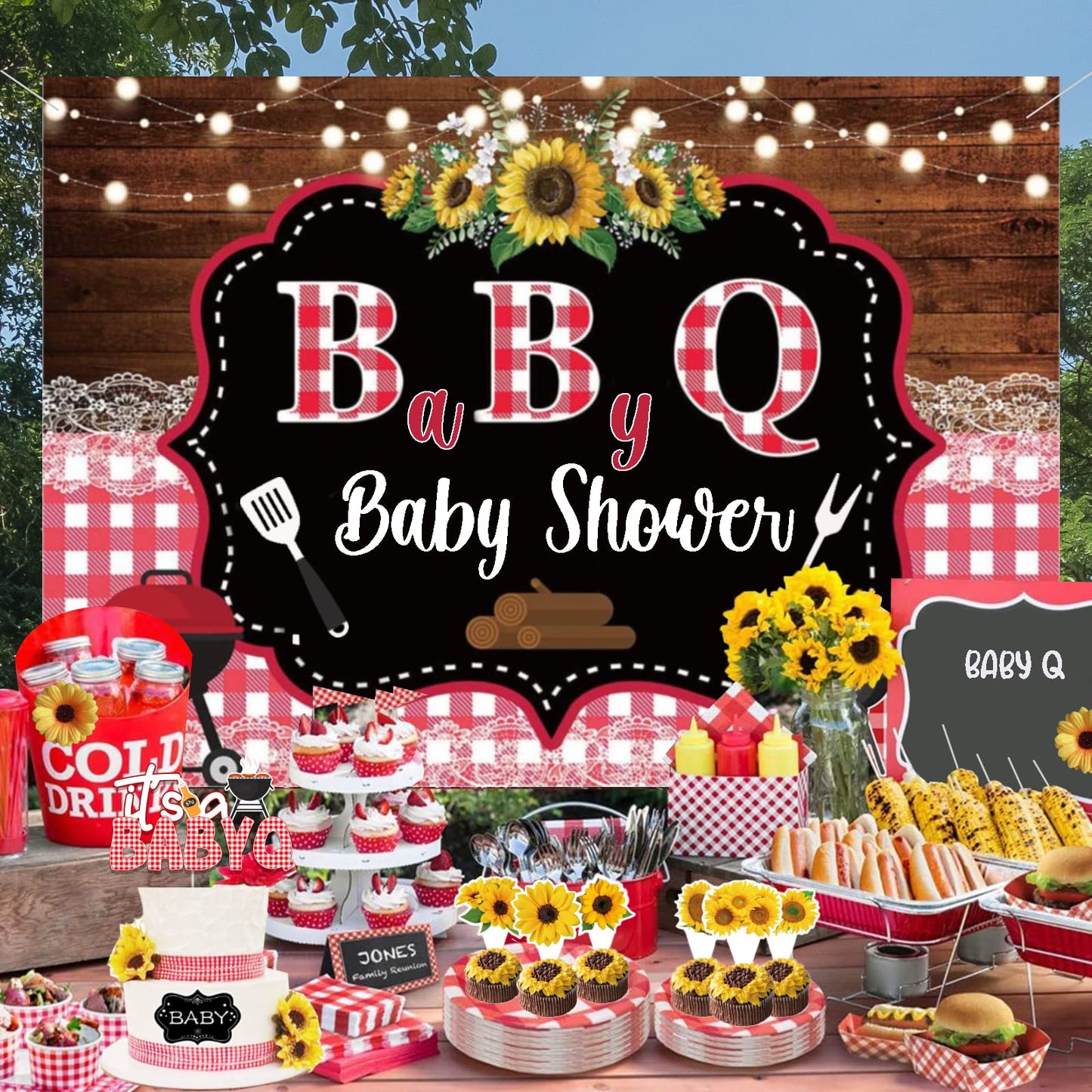 137 PCs BBQ Baby Shower Decorations, Hombae Its A Baby Q Baby Shower Decorations Backdrop Balloon Garland Banner Tablecloth Cake Cupcake Topper Boxes Cutout Barbecue Picnic Sauce Bottle Red Black