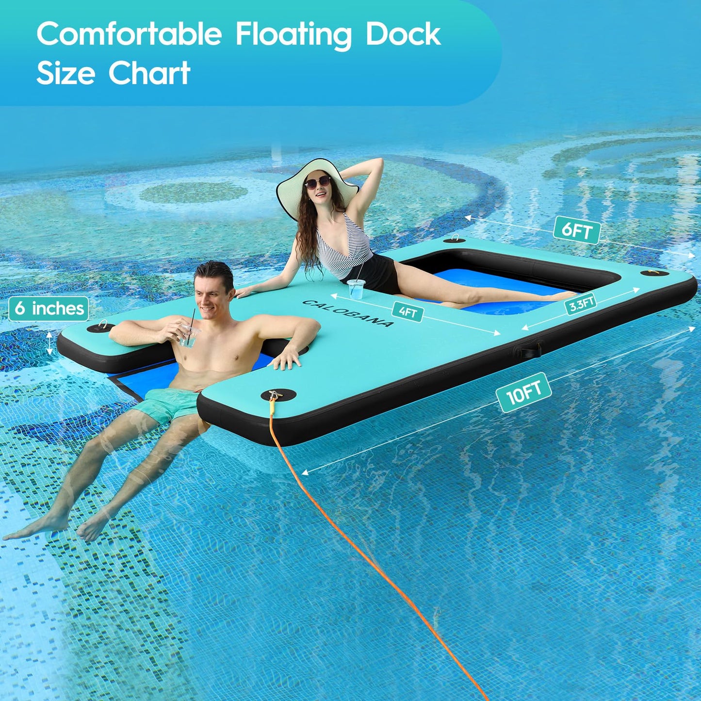 CALOBANA Inflatable Floating Dock with Boat Ramp,Lake Floats with Mesh,Tanning Pool Lounger Water Hammock for Family Party Pool Sea River Dock Boat,Mint Green+Black+Blue