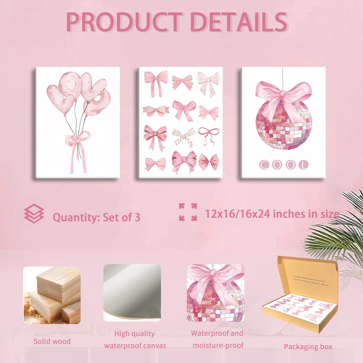 Preppy Pink Bow Canvas Wall Art, Trendy Bows Coquette Room Wall Decor Paintings, Pink Girly Disco Aesthetic Posters Prints Pictures for Girls Dorm Bedroom 16x24 Inch Framed