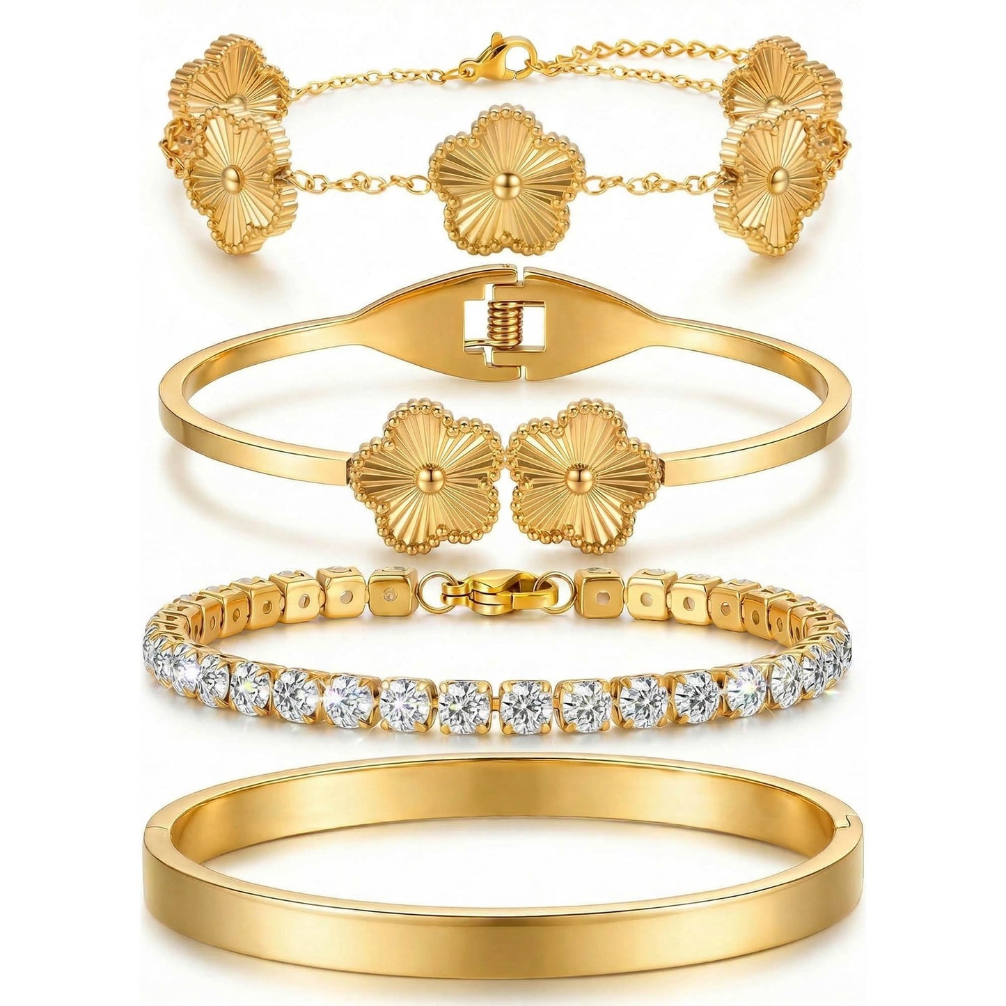 ISELBDR Gold Clover Bracelets for Women, 18K Plated Tennis Gold Bracelet Stack Non Tarnish Stainless Steel Gold Bangles Accessories Designer Jewelry (Gold-A)