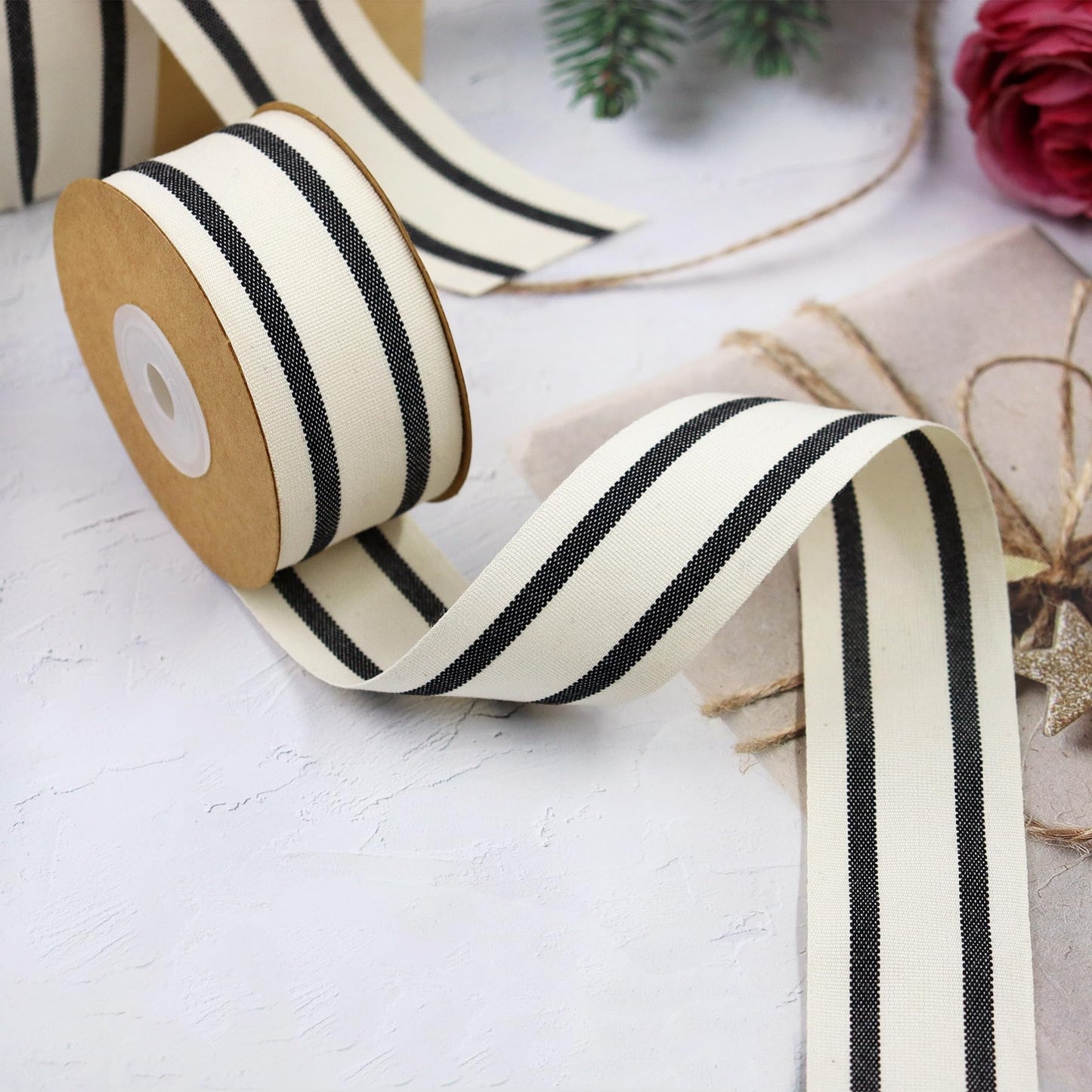 YERELO 10Yard/ Roll Set Cotton Stripe Ribbon Black and White Stripe Ribbons 1-1/2" for Christmas Tree Crafts,Wedding Wreath,Gift Wrapping,Decoration and DIY Handmade Hair Bows