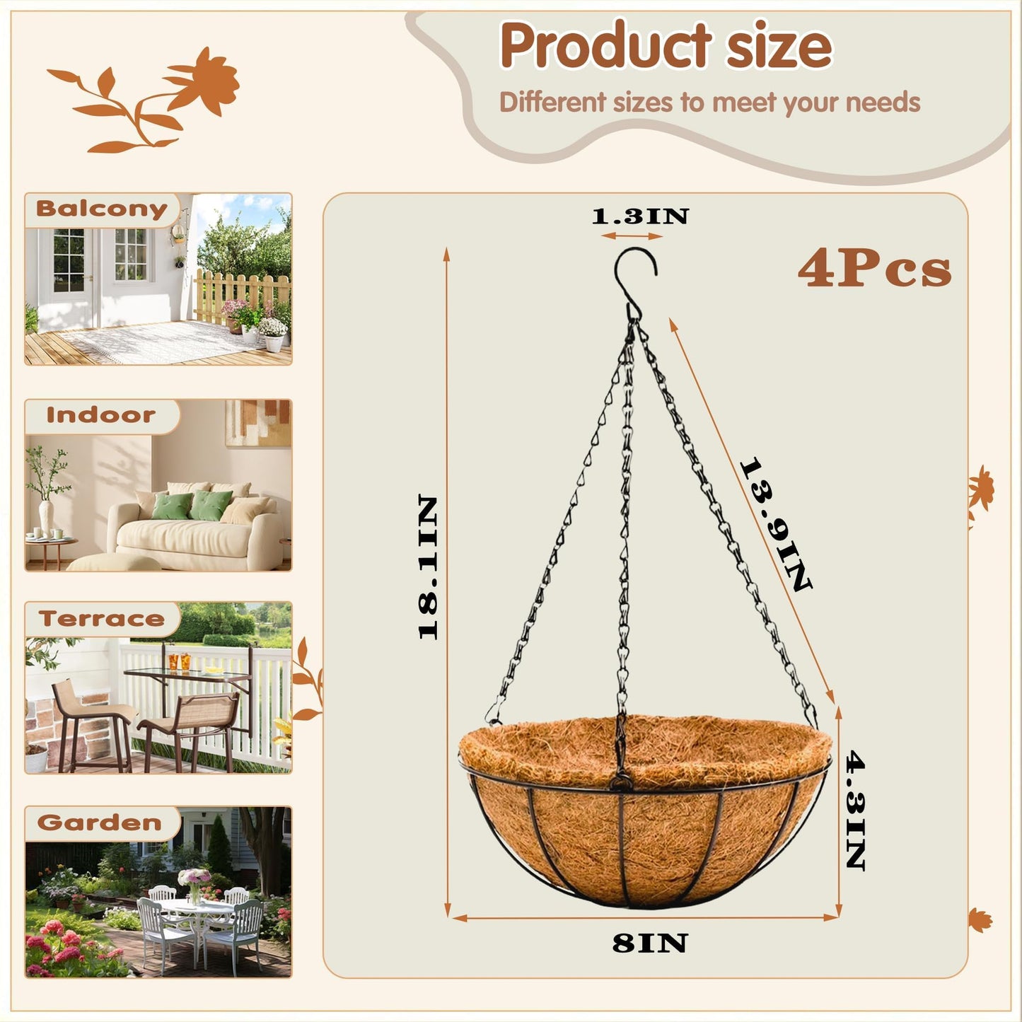 8 inch Metal Hanging Baskets For Plants Outdoor 4 Pack Round Metal Wire Hanging Basket Planter with Coco Fiber Liners Chain Round Wire Plant Holder for Garden, Patio, Deck, Porch Plants Flower Potss