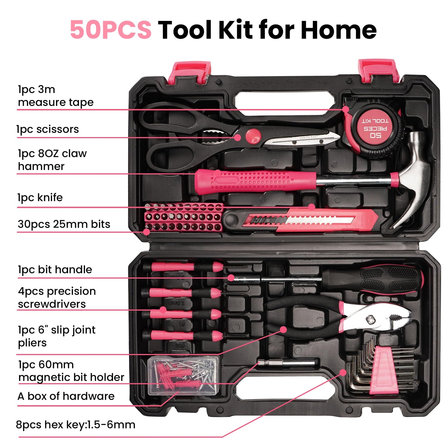 50-Piece Pink Tool Set for Women, Household Small Tool Set with Storage Toolbox for Home Repairs, Hand Tool Kit for College, Dorm, Office