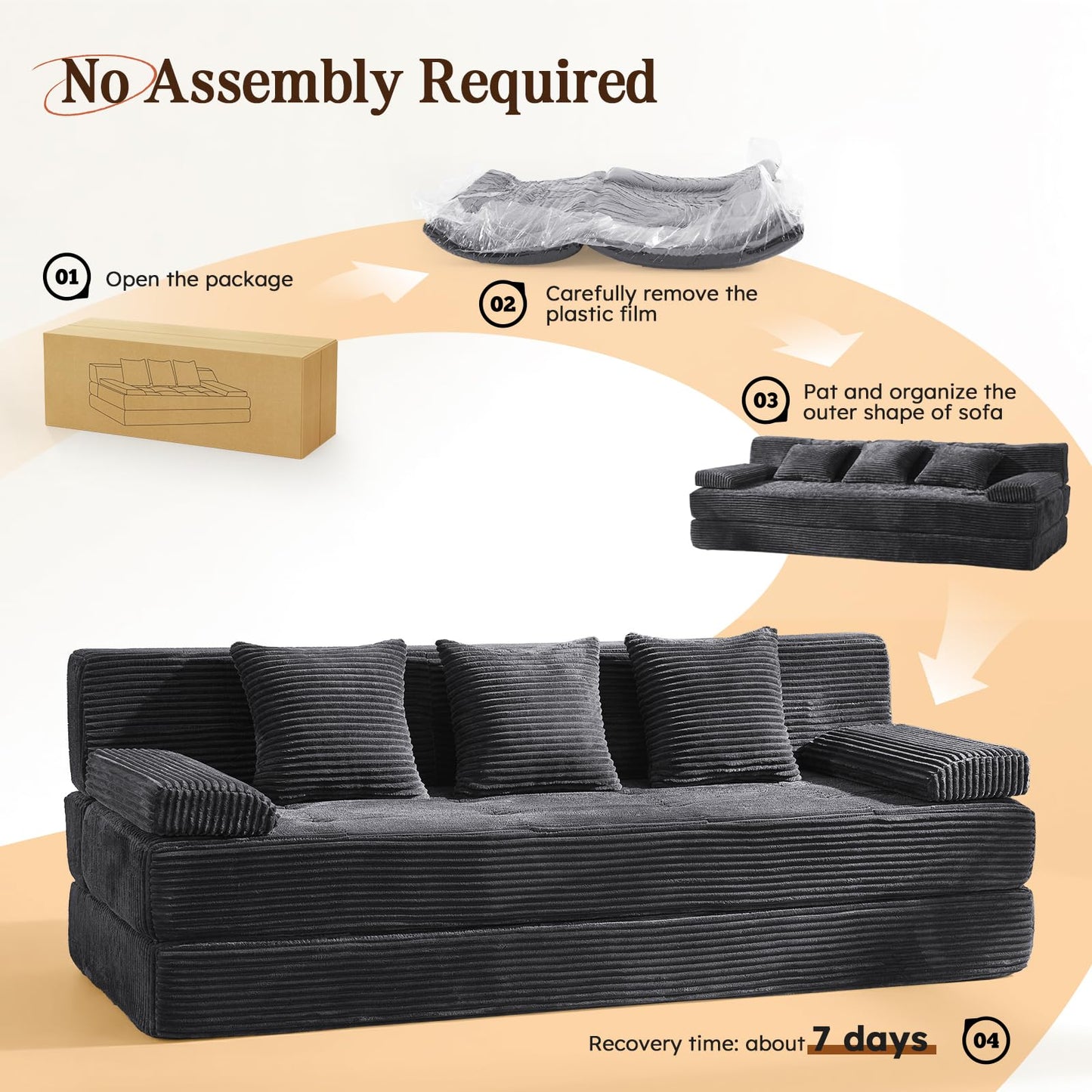 LOOMORA 78.7IN Folding Sofa Bed - Convertible Sleeper Sofa Couch with Removable Pillows, 3 Seater Couches Bed for Living Room, Bedroom, Apartment, No Assembly Required, Freestanding, Corduroy, Gray