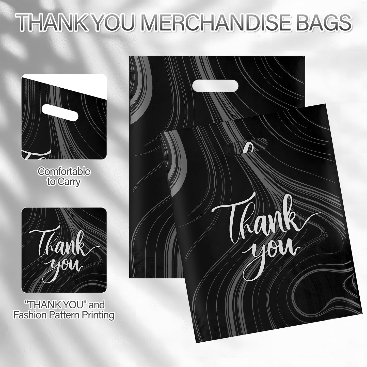100 Pack Black Thank You Bags, Plastic Bags with Handles, 12 X 15 Inches (2.36 Mil Thickness) for Small Business, Boutique, Retail, Packaging Supplies to Hold Clothes