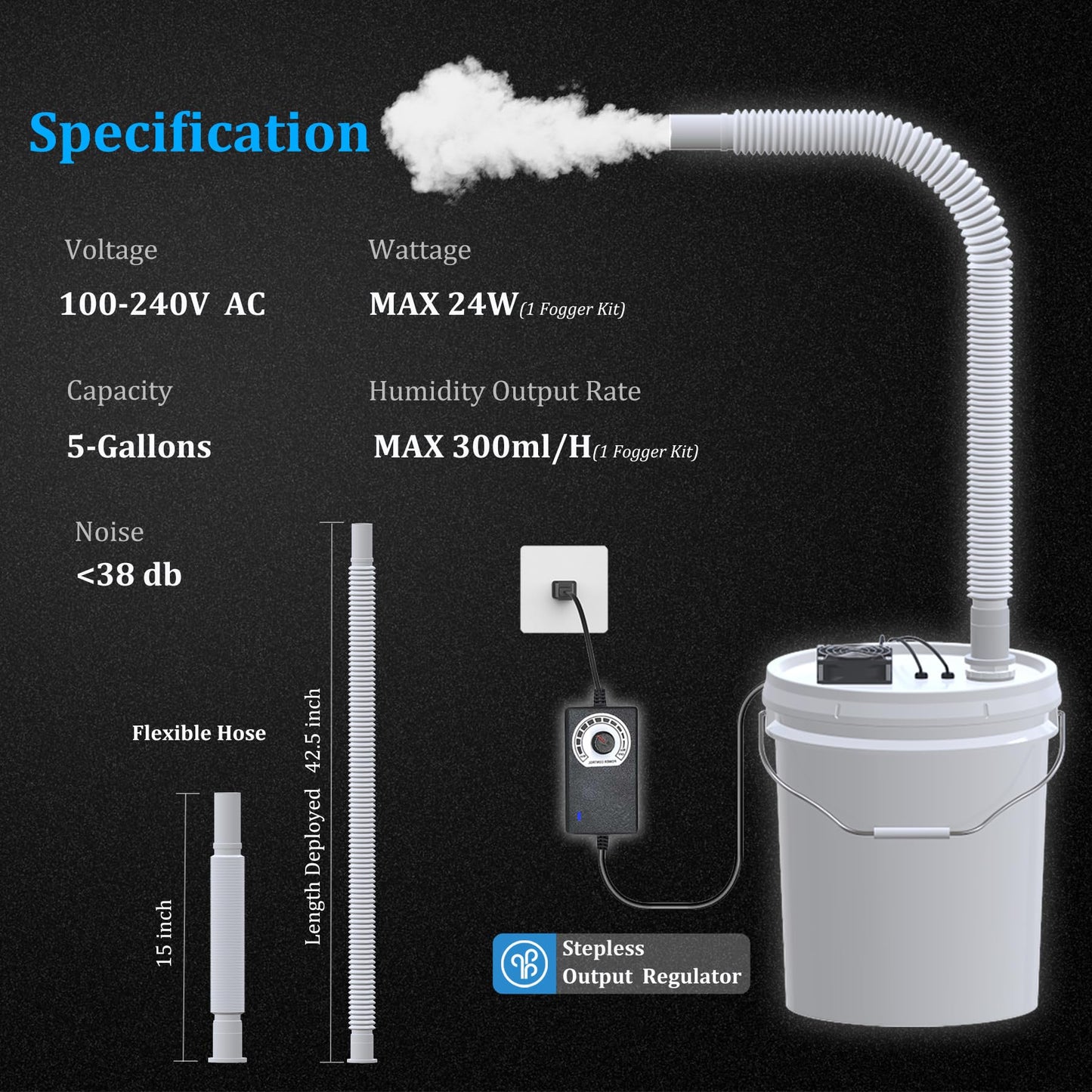 19L Large Capacity DIY Humidifier Kit - for Plants, Mushrooms, Grow Tents, Terrarium | Turns a 5 Gallon Bucket into Cool Mist Humidifier, Extendable Hose, High Output, Long Runtime (1 Fogger Kit)