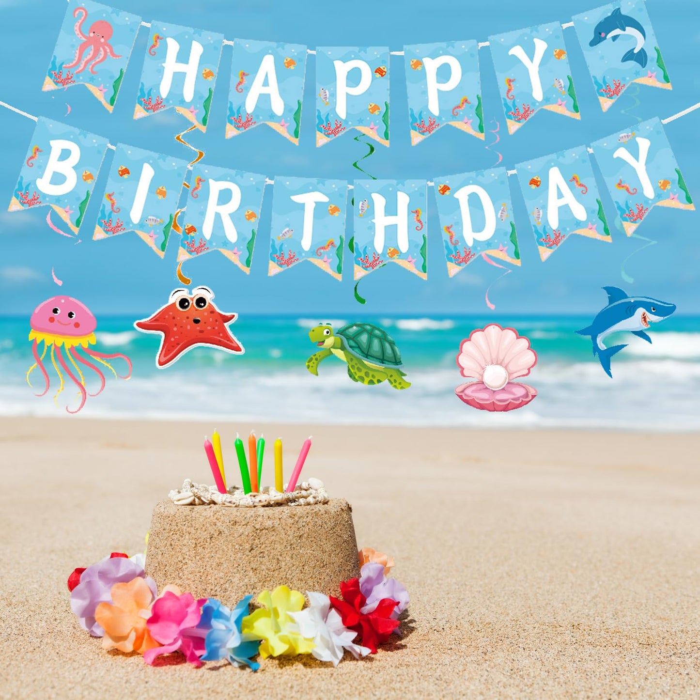 Zwiebeco Sea Animals Happy Birthday Party Decoration Banner Bunting Garland Hanging Paper Swirls Kit for Ocean Under The Sea Animals Marine Life Themed Boys Girls Kids Accessories Supplies