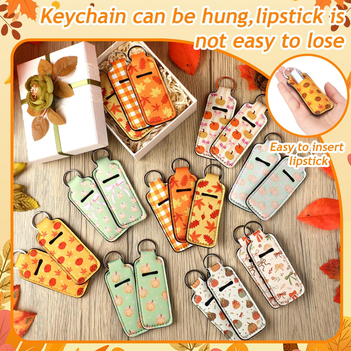 Ctosree 20 Pcs Thanksgiving Lipstick Holder Keychain Friendsgiving Gifts Pumpkin Lip Balm Holder for Thanksgiving Party Favor