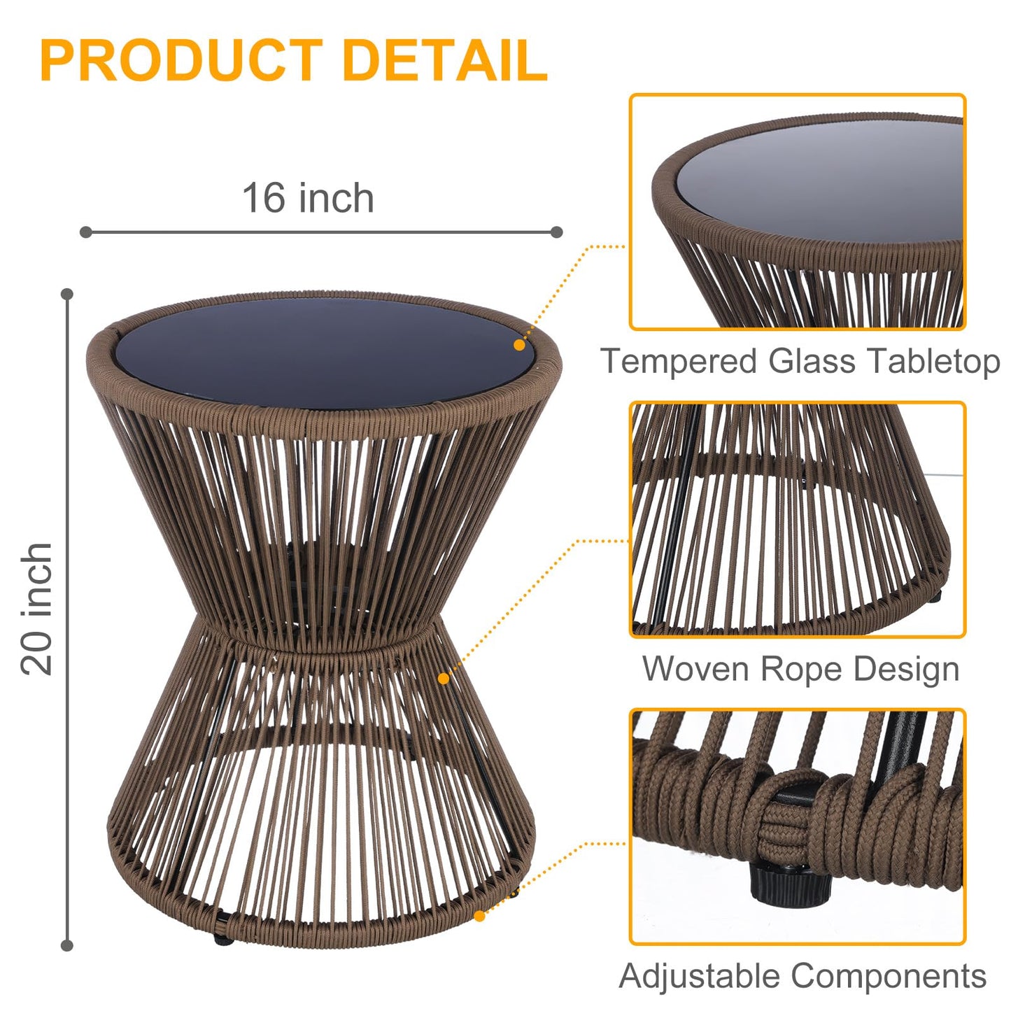 SUNNYPARK Outdoor Side Table 20'' H Small End Tables Woven Rope Weather Resistant with Glass Top Round Coffee Table for Indoor Balcony Patio Poolside (Brown)