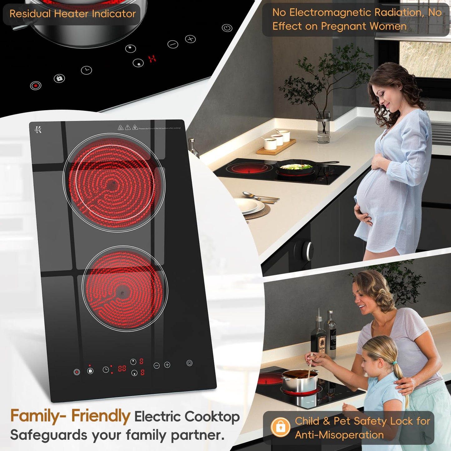 Zarbaco Electric Cooktop 2 Burner, 1800W Radiant Electric Stove Top 120V with Countertop & Built-in Design, 12 inch Touch Control Ceramic Cooktop with Safety Lock, 9 Level Power, Timer - Plug in
