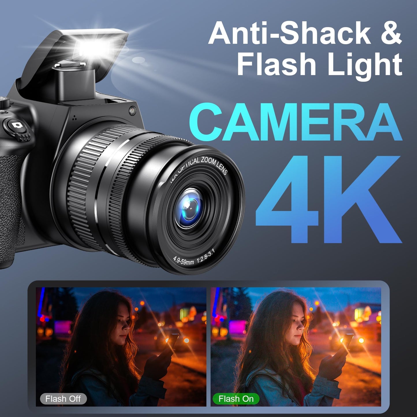 Cameras for Photography, 12X Optical Zoom 4K Digital Camera with WiFi & App Control, 72MP Vlogging Camera with 180° Flip Screen, Auto Focus, Dual Batteries, 59mm Wide Angle & Macro Lens, 32GB SD Card