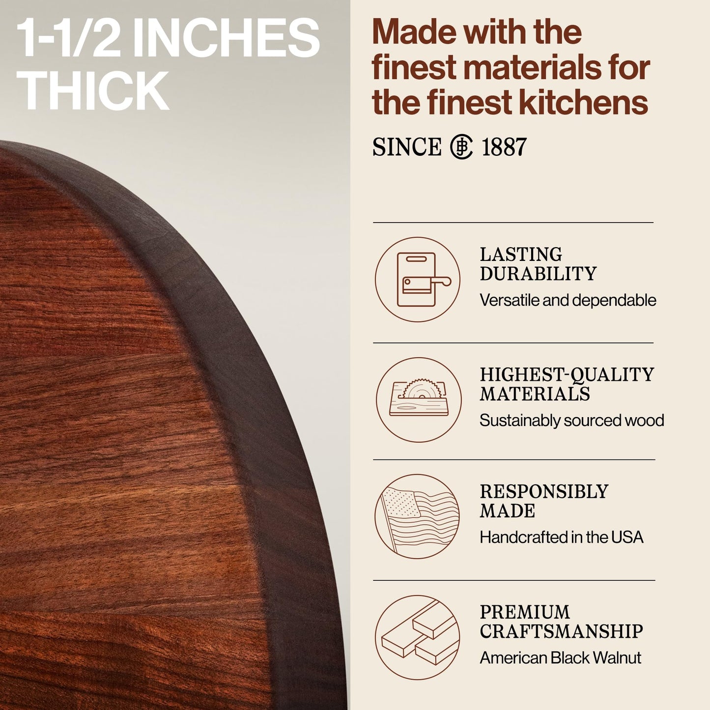 John Boos R-Board Series Round Wooden Walnut Cutting Board 18”x18” – 1.5” Thick, 9.5-lb Reversible Butcher Block with Edge-Grain – Made in the USA