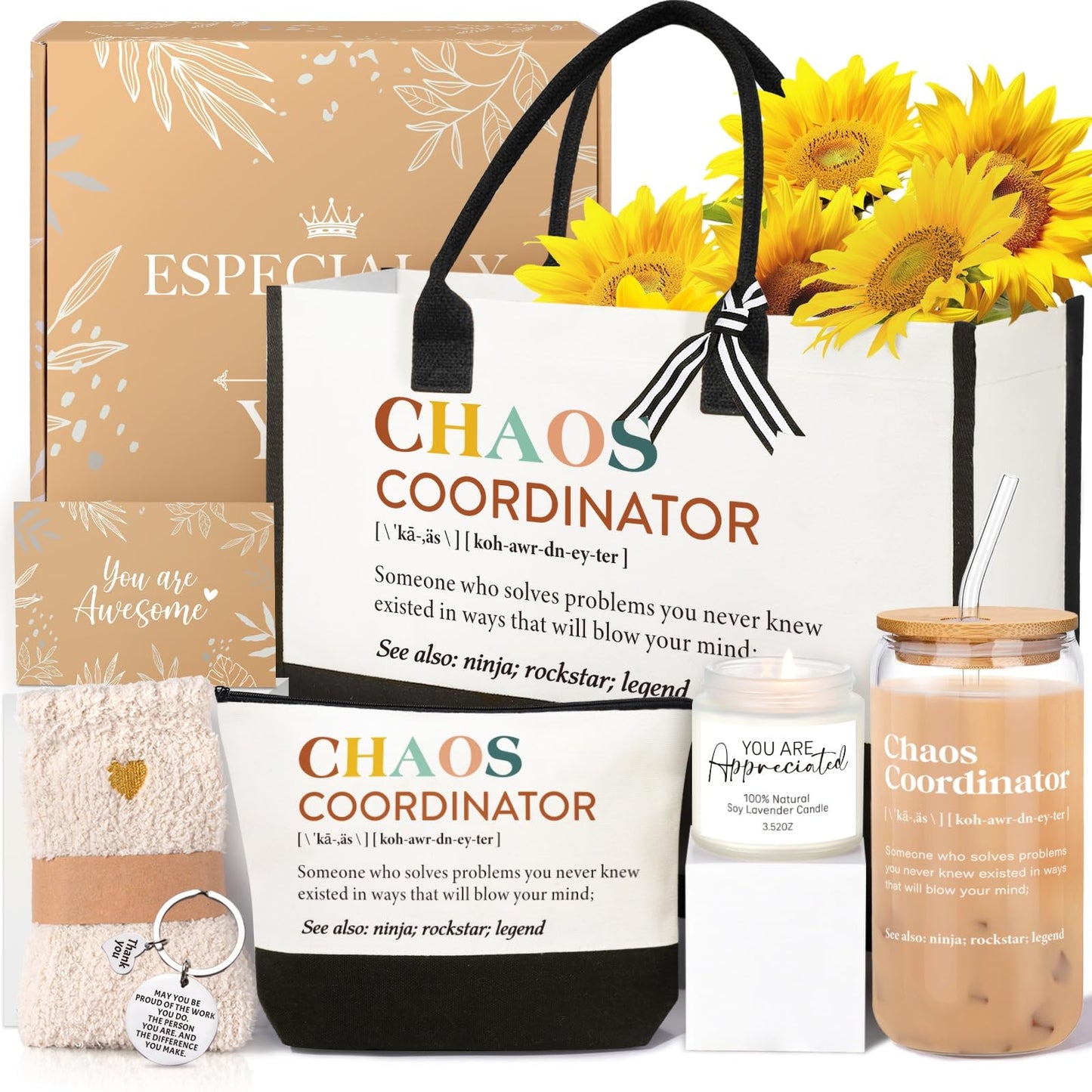 iAOVUEBY Thank You Gifts for Women, Chaos Coordinator Gift for Employee Coworkers Teacher Nurse Boss Lady Appreciation Gifts, Unique Mom Grandma Birthday Gift Ideas - 16OZ Glass Cup Canvas Tote Bag