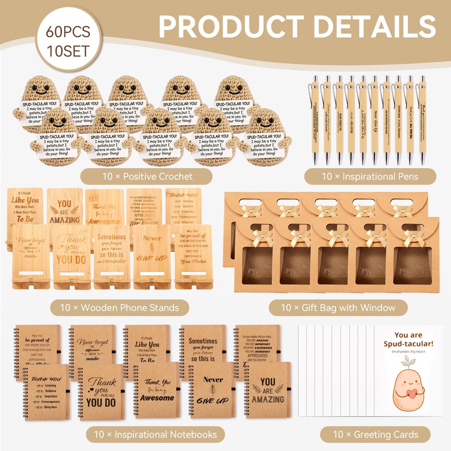 60 PCS/10 Sets Teacher Employee Appreciation Gifts Bulk – Thank You Gifts for Coworkers with Kraft Paper Gift Bags,Greeting Card,Inspirational Notebooks,Phone Stand,Team Gift for Staff, Nurse, Office