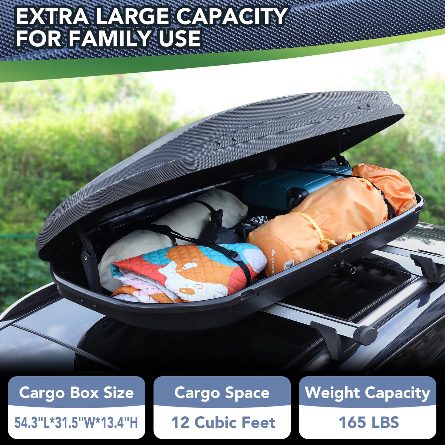 EcoSummer Rooftop Cargo Box Carrier Dual-Side Opening,12 Cubic Hard Shell Rooftop Cargo Carrier for Car Storage,165Lbs Weight Capacity with Secure Straps&Keys