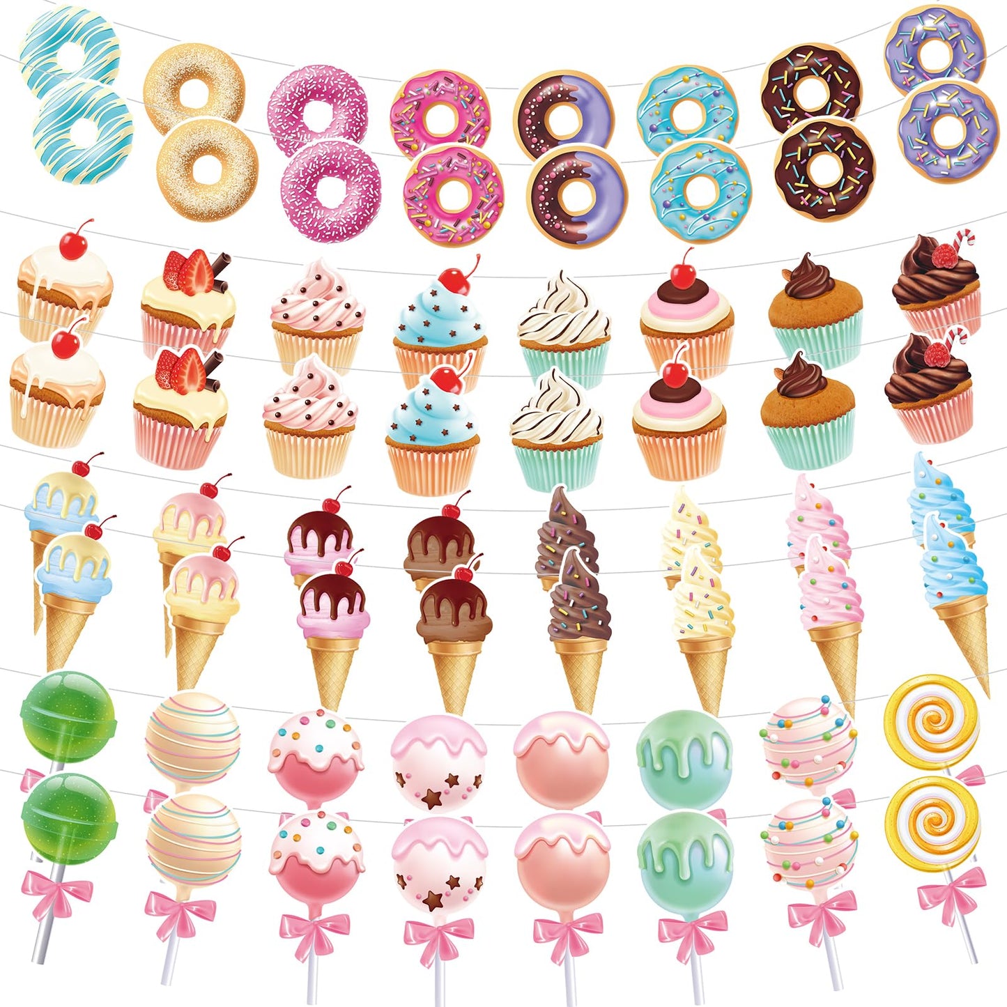 Saypacck 64 Pcs Candy Party Decorations Includes 8 Pack Ice Cream Party Banner Donut Theme Lollipop Cupcakes Banner Hanging Donut Garland Kit for Grow up Birthday Party Supplies