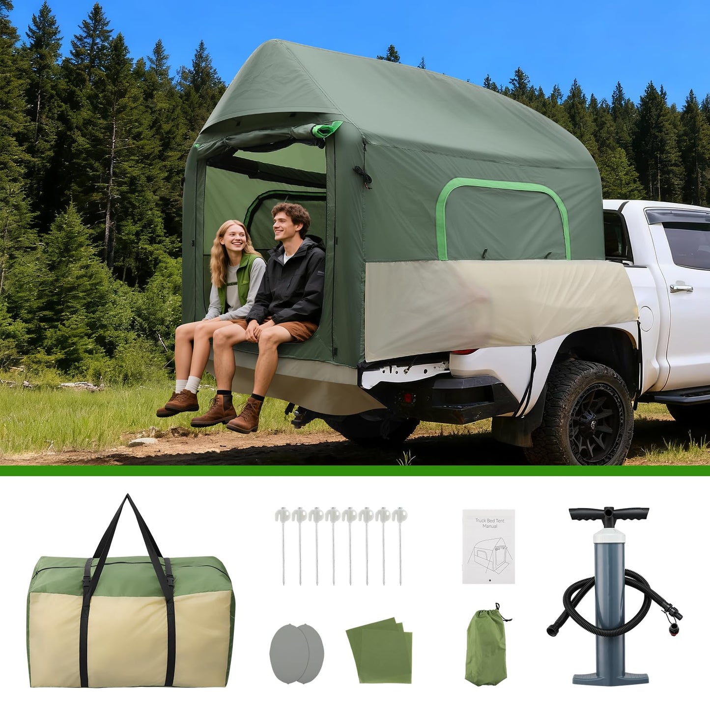 Truck Bed Tent 5.5ft-8ft Easy Set up Inflatable Pickup Truck Tent with Pump for Camping PU 3000mm Waterproof Dual-use Pickup Tent or Camping Tent for 2 Person Double Layer Mesh Window & Door