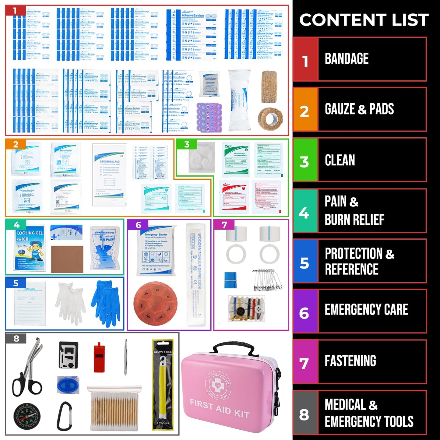 Large First Aid Kit - 410 Piece Dual-Color Emergency Kit with Hard Shell,Professional Survival Kit for Home, Car, Travel, Hiking & Outdoor(Pink/White)