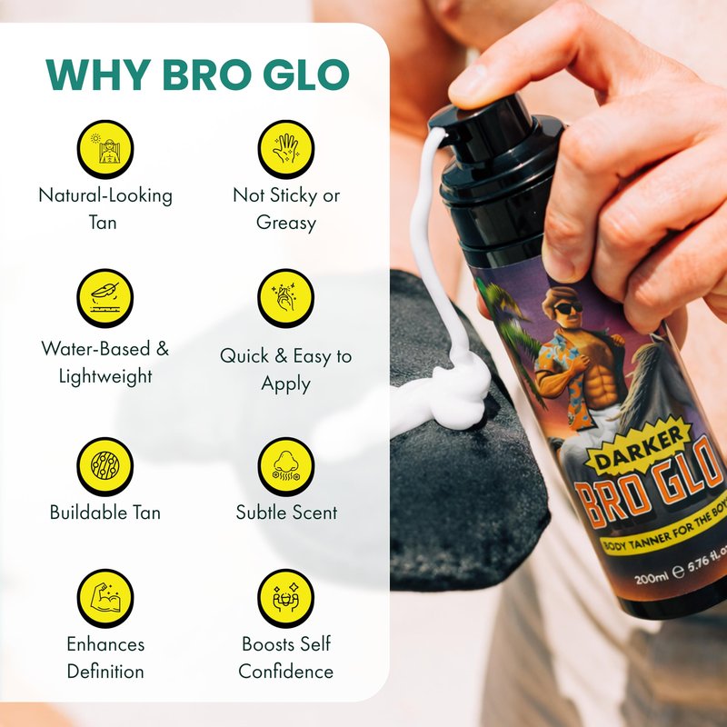Bro Glo Darker Self Tanner for The Boys - Quick Application Easy Sunless Tan For Face and Body Oil Free Water Based Faster Skin Drying Natural Sun Kissed Bronze Color Perfect Men (Body Foam)