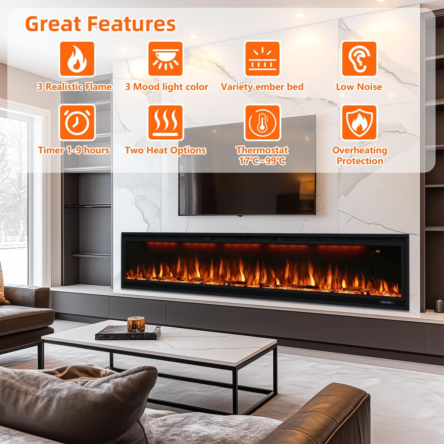 Dreamflame 74 inch Electric Fireplace, Smart Fireplace Insert recessed in Wall and Wall Mounted fire Place Heater with Metal Frame, Multicolor Flame & Realistic logs，Thermostat& Timer, 1500W, Black