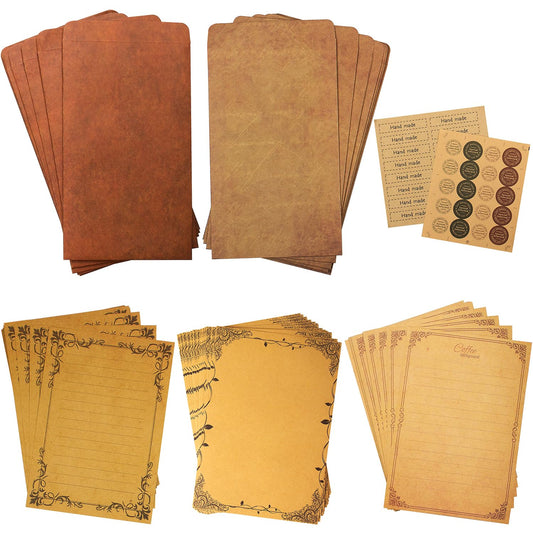 ADVcer Vintage Stationary Paper and Kraft Envelopes Set with Seal Stickers, 72pcs 3 Patterns 8.3x5.7" Writing Stationery Paper + 20pcs 2 Colors 7.9 x 4.7" Letter Envelope + 36pcs 2 Styles Rustic Seals