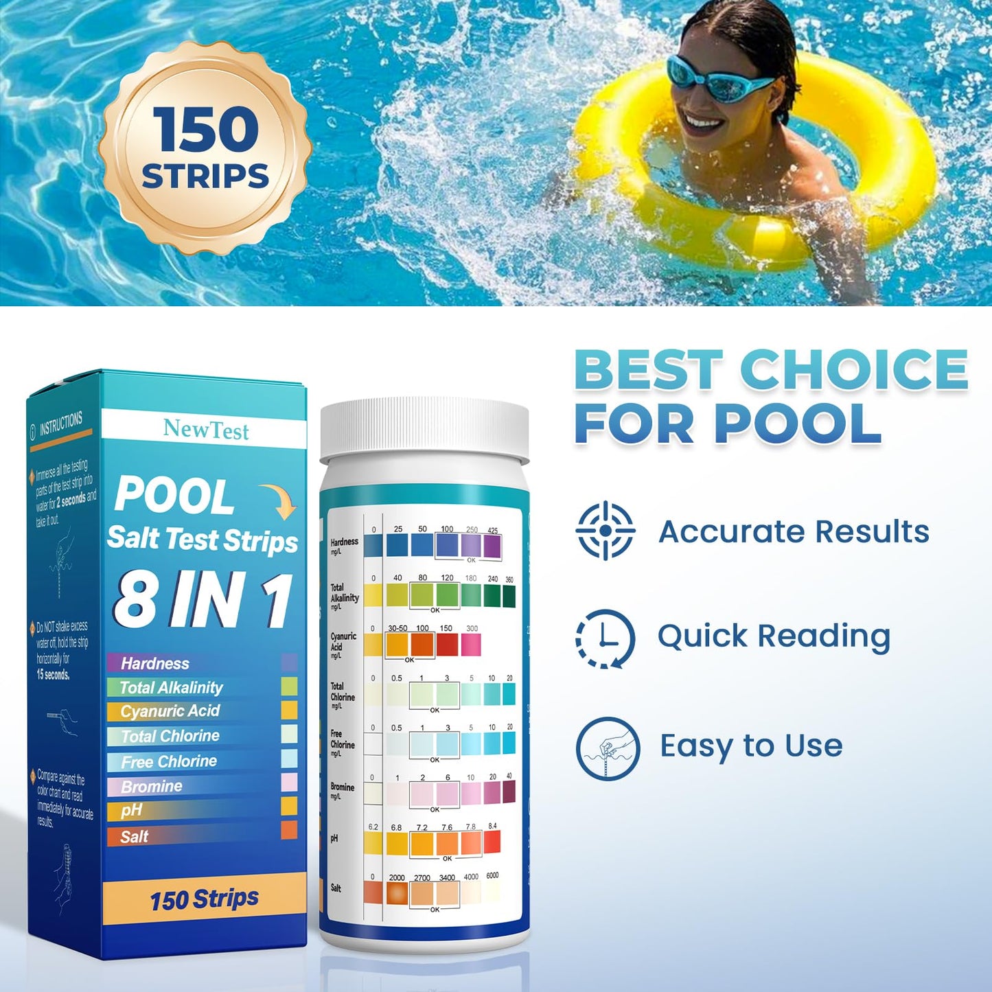 NewTest Pool Salt Test Strips: 150CT 8 in 1 Professional Pool Test Strips for Salt Water Pool & Hot Tub & Spa & Swimming Inground Pools - Quick Accurate Results Saltwater Pool Testing Kit (150)