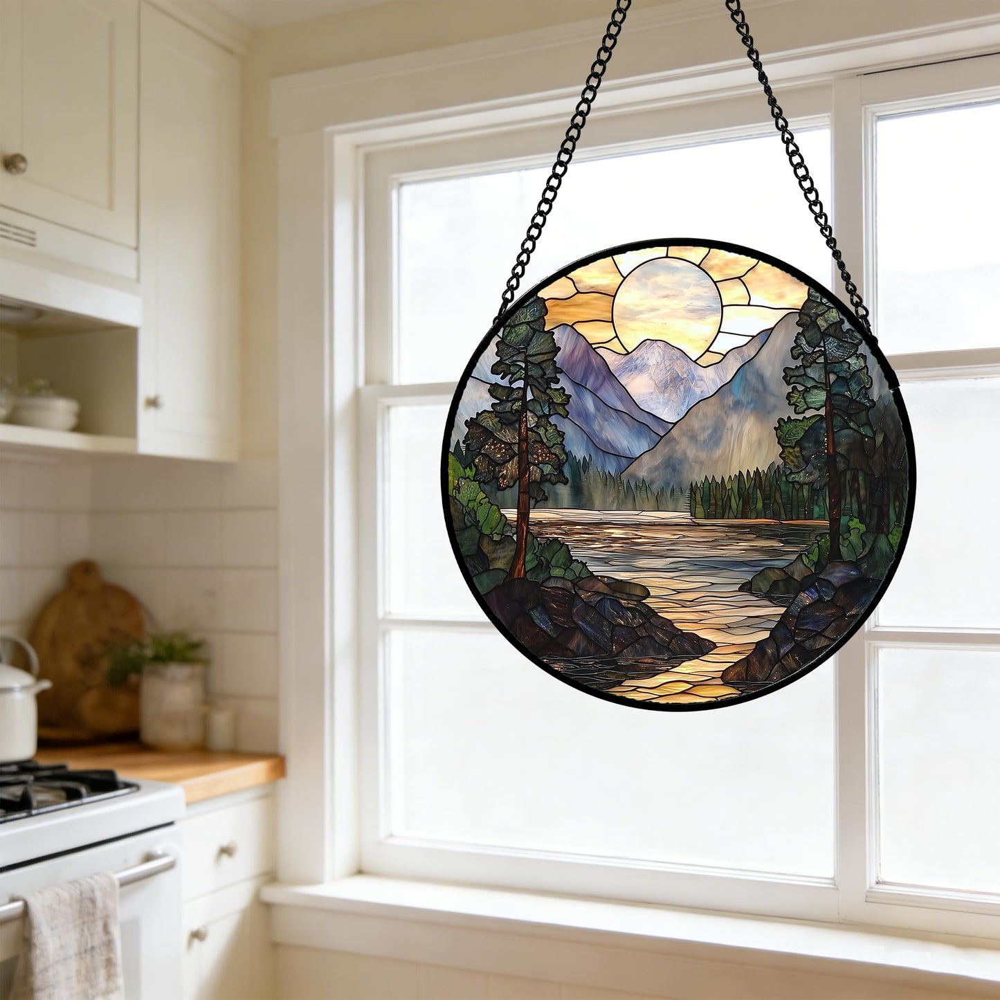 AMDERVEN Stained Glass Window Hanging, Sunset Mountains Lake Tree Sun Catcher for Window Home Decor Landscape Suncatcher Mother's Day Birthday Gifts for Women Men Mom and Nana 6.3 in