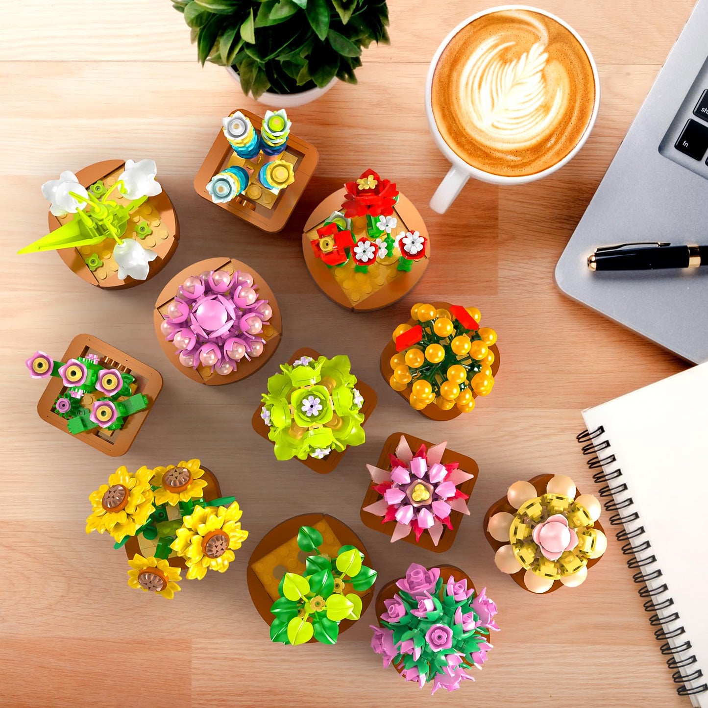CUBIMANA 12 Pack Flowers Succulents Mini Building Set - 1403PCS Flower Botanical Collection for Home Office Décor 3.6MM Plant Blocks Toy, Easter Birthday Gifts for Adults Women Kids Girls10+