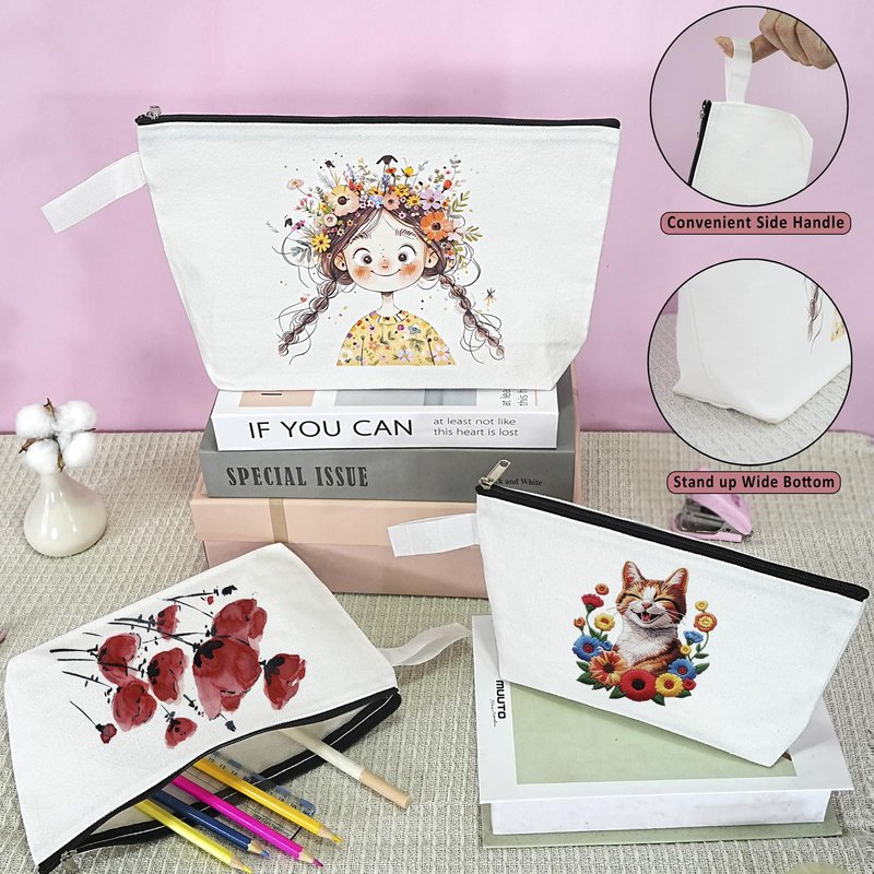 Koolmox 20 12Oz Canvas Pencil Pouch with Bottom and Strap, Multi-purpose Cotton Canvas Zipper Travel Toiletry Pouch, Blank for DIY Sublimation (White Bag w/Black Zipper, M, 10.2x5.5x2.1'')