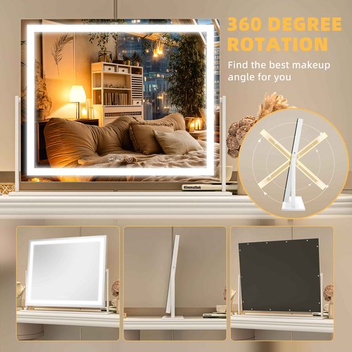 Batuso Vanity Mirror with Lights, 24'' x 20'' Lighted Makeup Mirror, Touch Screen with 3-Color Lighting, Dimmable for Vanity Desk Tabletop Square White