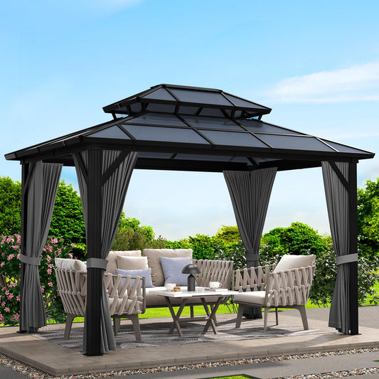 13'x10' Hardtop Gazebo, Heavy Duty Aluminum Permanent Hardtop Gazebo Outdoor Pavilion with Curtains and Netting for Garden (Gray, PC Top / 13'x10')
