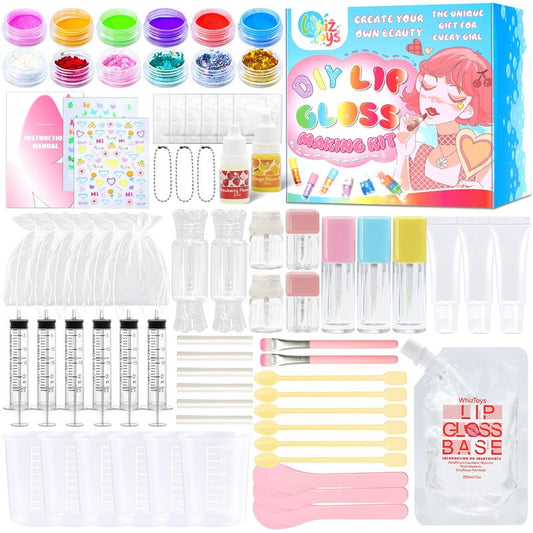 WhizToys 74PCS DIY Lip Gloss Making Kit, Make Your Own Lip Glosses Set Moisturizing Lip Glaze Handmade Glittery Set for Makeup Lover Beginner Teen Girl Gifts, 200ml Lipgloss Base