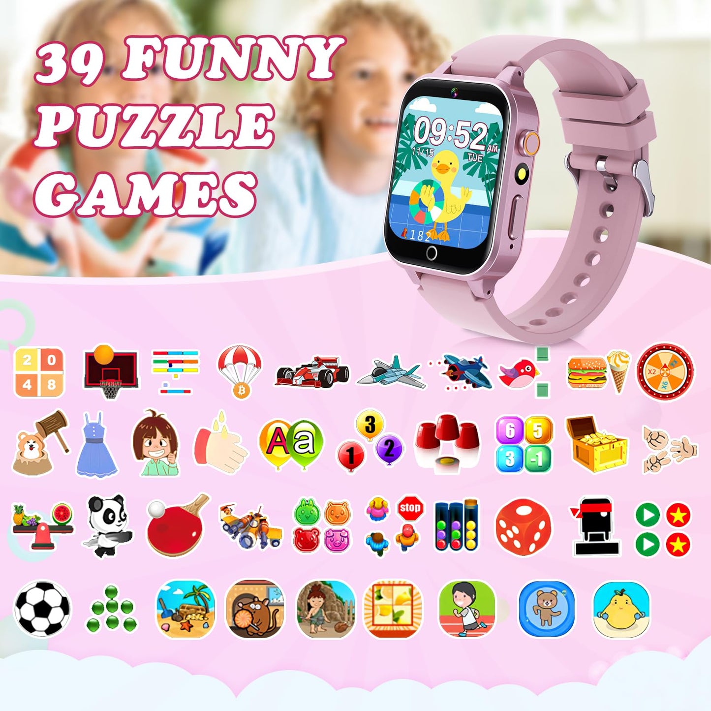 ST-CARE Kids Smart Watch with Camera, Video, Music Player, Alarm Clock, Stopwatch, Calendar, Pedometer, 1.54'' HD Touchscreen, Shockproof, IP68 Waterproof for Girls Boys 6-12 Years Old (Pink)
