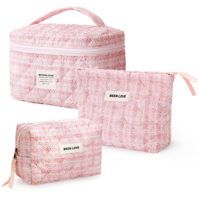 Large Makeup Bag Floral Cosmetic Bag Quilted Flower Travel Makeup Toiletry Bags Set Organizer Cotton Cute Make Up Accessories Zipper Bags Pouch Travel Essentials Gifts for Women Teen Girls Pink
