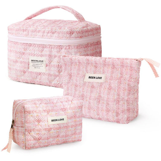 Large Makeup Bag Floral Cosmetic Bag Quilted Flower Travel Makeup Toiletry Bags Set Organizer Cotton Cute Make Up Accessories Zipper Bags Pouch Travel Essentials Gifts for Women Teen Girls Pink